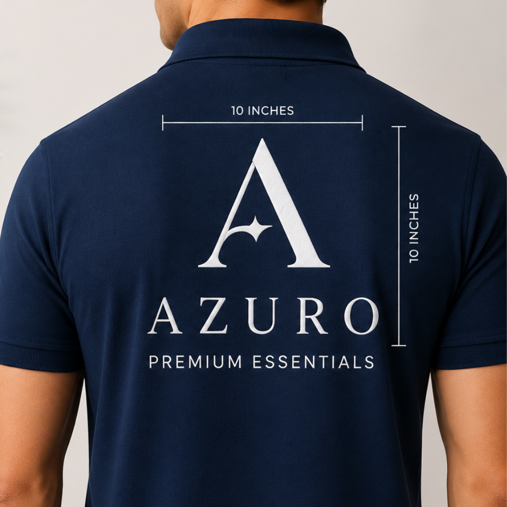 Full back print with 10 inch measurement on navy polo