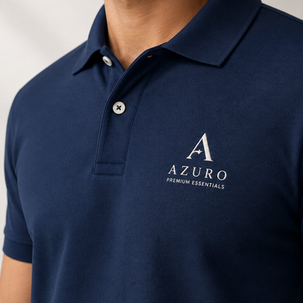 Front left chest logo placement on navy polo shirt